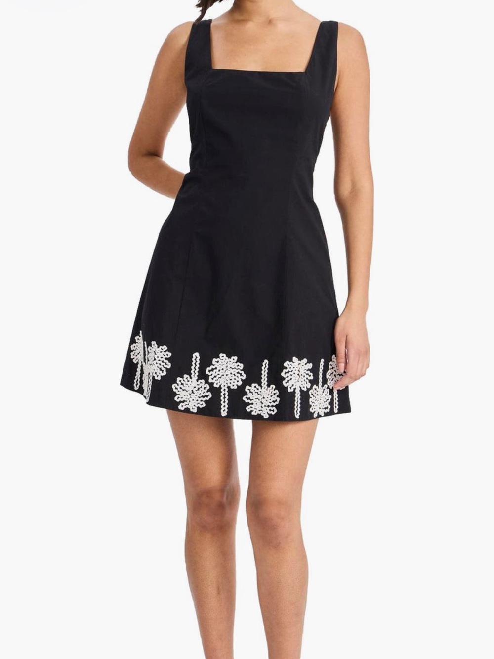 Square-Neck Black Mini Dress with White Embroidered Hem